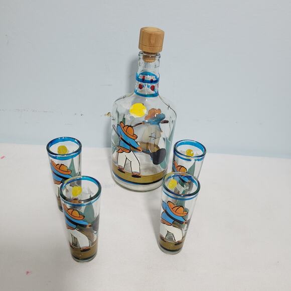 Vintage Hand Painted Mexican Teguila Decanter Set With 4 Shot Glasses 31826-1Bx9 - Picture 10 of 10